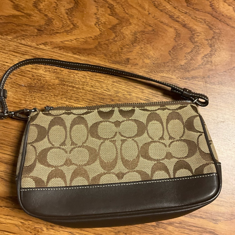 Coach Demi Signature Purse Bag Pouch Khaki Tan Monogram Chocolate Leather # 6094 - Picture 4 of 9
